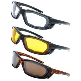 3 Pairs Motorcycle Riding Glasses Padded Frame Lens Block 100% UVB for Outdoor Activity Sport (3-Shiny Black/Tortoise, Clear, Yellow, & Brown)