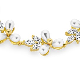 Bridal Wedding Multi Flowers CZ Leaf Genuine White Freshwater Cultured Pearl Bracelet For Women 18K Gold Plated 7 Inch
