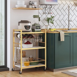 TUTOTAK Bar Cart - Serving Cart for Home - Microwave Cart, Drink Cart, Mobile Kitchen Shelf with Wine Rack and Glass Holder, Rolling Beverage Cart BC01BMG030