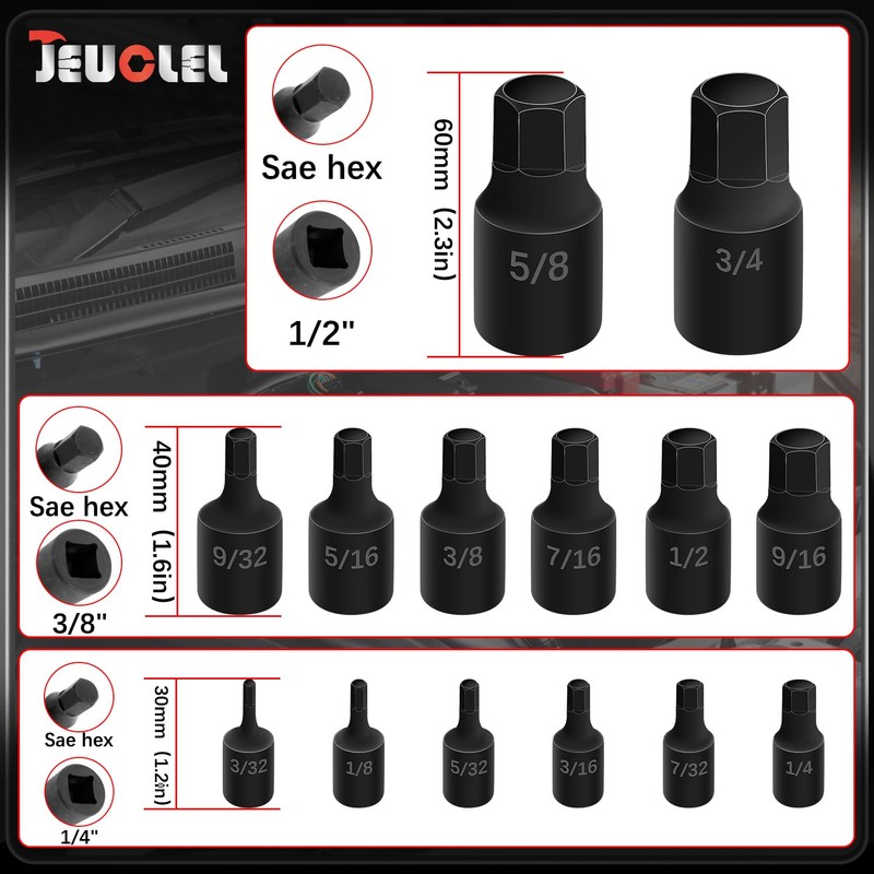 JEUCLEL 14Pcs Impact Grade Allen Bit Socket Set, SAE Hex