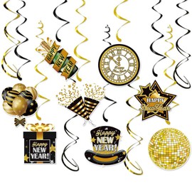 New Years Eve Decorations 2025 Hanging Swirls, Happy New Year Decorations 2025 Black Gold Hanging Swirls Streamers Cheers New Year's Eve Ceiling Decorations Party Supplies for Home Indoor Outdoor