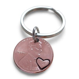 2018 US One Cent Penny Keychain with Heart Around Year; 7 Year Anniversary, Couples Keychain