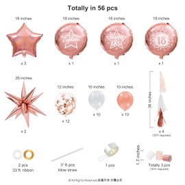 Cheerland 56pcs 18th Birthday Balloons And Garland Set Rose Gold Tassel Garland Arch Kit with Backdrop For Girls Women 18 Years Anniversary Birthday Party Decorations Supplies