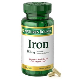 Nature’s Bounty Iron 65mg, 325 mg Ferrous Sulfate, Cellular Energy Support, Promotes Normal Red Blood Cell Production, 1 Serving Per Day, Gluten Free,