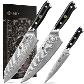 Damascus Kitchen Knife Set 3 PCS: NSF Food-Safe Japanese Knives with VG10 Steel Core, Ultra-Sharp Professional Chef Knife Set and Full Tang G10 Handle, Elegant Box