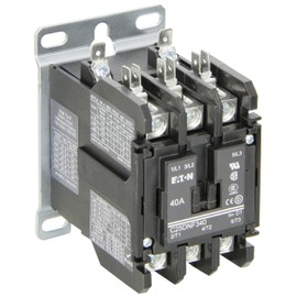 Eaton C25DNF340B. Definite Purpose Contactor, 50mm, 3 Poles, Box Lugs, Quick Connect Side By Side Terminals, 40A Current Rating, 3 Max HP Single Phase at 115V, 10 Max HP Three Phase at 230V, 20 Max HP Three Phase at 480V, 208-240VAC Coil Voltage