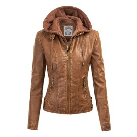 Made By Johnny MBJ WJC1044 Womens Faux Leather Quilted Motorcycle Jacket with Hoodie XXL Camel