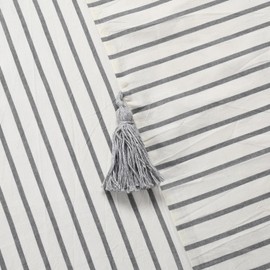 DOSLY IDÉES Gray and Beige Stripe Patchwork Cotton Fabric Tassel Shower Curtain for Bathroom,Farmhouse,Country Rustic and Cute Style,72 x 84 in