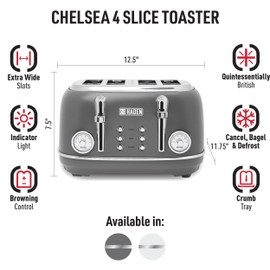 HADEN Chelsea 4 Slice Toaster Wide Slot with Removable Crumb Tray and Control Settings, Grey and Chrome
