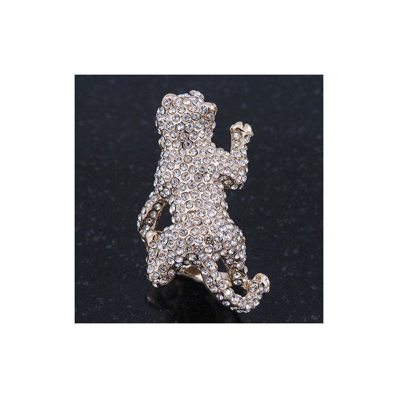 Avalaya Gold Plated Sculptured Diamante 'Cat' Statement Ring - Size