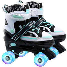 SMOOJOY Kids Roller Skates for Boys Girls Youth, Adjustable Light-Up Canvas Green Quad Skate for Ages 6-12 Beginners' Outdoor Indoor Sports