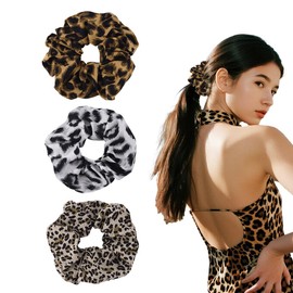 Vintage Leopard Print Scrunchie Set - Soft Multi Colored Leopard Print Hair Ties for Women Girls Boho Satin Elastic Scrunchies Stretchy Hair Ties for Buns Ponytail Holders for Braids Scrunchies 3 Pcs