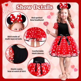 OUMDON OUMDON Mini Mouse Kostüm Kinder: Maus Kostüm Mädchen mit Maus Ohren Haarreif - Mini Kleid Mouse für Kinder Karneval Cosplay Fasching Geburtstag Größ 2 bis 9 Jahren (Mini Maus, 100)
