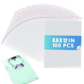 100 Pack 8.6x12 Inches Cellophane Bags, Clear Gift Bags with Self-Adhesive Seal, Perfect Packaging for Clothes, Gifts, Magazines, A4, Envelope, Letter & Small Business Use