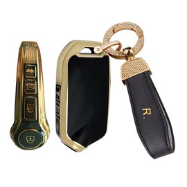 SANRILY Golden-edge 4 Button Key Fob Cover for Kia Stinger GT K9 K900 2018 2019 2020 2021 Keyless Full Protection Key Fob Case Shell with Bling Leather Keychain Black, Black-a, 4 Button