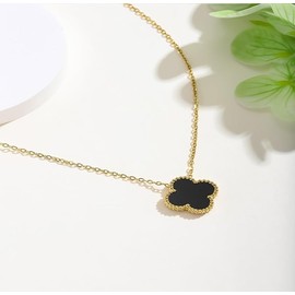JUNBING 18K Gold Plated Clover Necklace for Women Flower Lucky Pendant Dainty Jewelry Gifts for Women (Black)