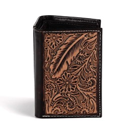 ARIAT Men's Trifold Wallet - Genuine Leather with Feather Embossed Design, Brown