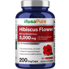 NusaPure Hibiscus Flower 10:1 Extract, 500 mg Equivalent to 5000mg 200 Vegetarian Caps (Non-GMO, Vegan)
