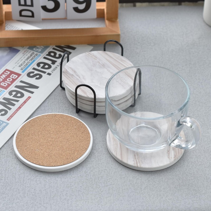 6Pcs Drink Coasters with Holder, Marble Style Ceramic Drink Coaster,