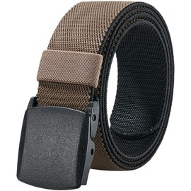 Men's Elastic Stretch Belt, 2-in-1 Reversible Breathable Web with Plastic Buckle No-Metal Friendly for Travel, Trim to Fit Jeans Below 46" (Black & khaki)
