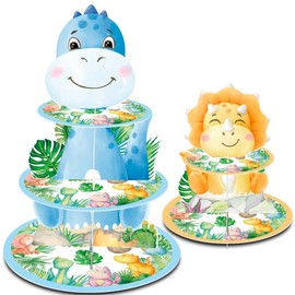 HAPPARTY Big Small Dinosaur Cupcake Holder Stand Tower 2PCS for Hatching Soon Baby Shower, Roar I'm 1st 2nd 3rd 4 5 Two Three Rex One A Saurus Birthday Party Decorations Supplies