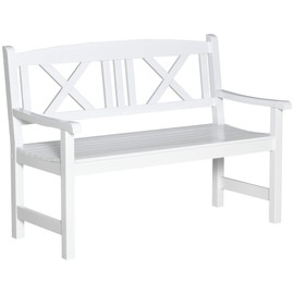Outsunny Outdoor Wood Bench, 2-Person Garden Bench with Backrest and Armrest, Patio Bench for Yard, Lawn, Porch, White