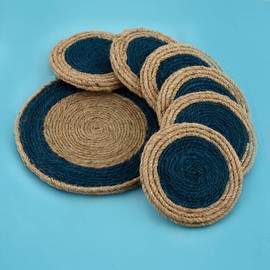 Jute Blue Coaster C05, Handmade Coaster Set, Round Design Coasters C05