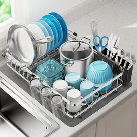 GSlife Large Dish Drying Rack - Expandable Stainless Steel Dish Racks for Kitchen Counter or Over Sink, Full Size Dish Drainer with Drainboard, Cups Holder and Utensil Holder, Black