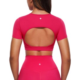 CRZ YOGA Womens Butterluxe Double Lined Open Back Crop Tops Backless Short Sleeve Workout Shirts Casual Tight T-Shirts Viva Magenta Large