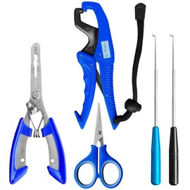 BATHRINS 5 Pcs Fishing Gear Fishing Kit with Fishing Pliers, Floating Fish Lip Gripper, Scissors and Fish Hook Removers Fishing Gifts for Men Blue