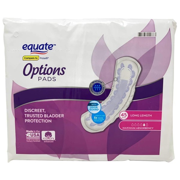 Equate Options Maximum Absorbency Long Length Incontinence Pads, 45 Count