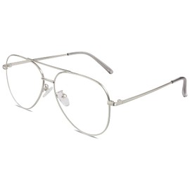 GQUEEN Pilot Style Fake Glasses Without Prescription Women Men Retro Metal Frame UV400, 1 silver