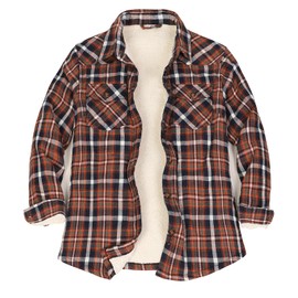 Lisskolo Women's Flannel Sherpa Shirt Jacket with Hand Pockets Plaid Button Up Fleece Lined Shacket Fuzzy Flannel Jackets Orange Navy L