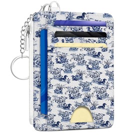 Fisahat Blue Chinoiserie Dachshund Card Holder Small Wallet, Dachshund Purse Gifts for Women, Cute Dog Slim Woman Keychain Wallet Coin Pocket, Front Pocket Thin Travel Card Case with ID Window