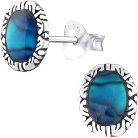 EYS JEWELRY Women's Oval Stud Earrings 925 Sterling Silver Oxidised Abalone Paua Shell Dark Blue Women's Earrings, Sterling Silver, Abalone