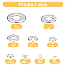 800 x Flat Washers Set, Stainless Steel Locking Washers Assortment, Fitting Washers Spacers Washers for Screws, M2 M2.5 M3 M4 M5 M6 M8 M10 M12 Washers