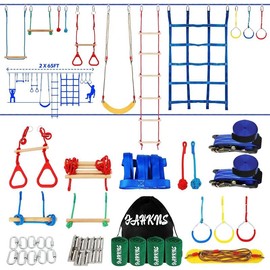 Ninja Warrior Obstacle Course Kids - 2 x 65ft Double Slacklines -Plenty of Exciting Obstacle Net Net Rope Ladder Monkey Bars - Ninja Course for Kids Outside, Kids Obstacle Course Backyard - SIZE: 65FT (single cord version)