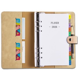 Calendar 2026 Personal A6 Ring Binder Refillable Weekly Planner / Diary 1 Week 2 Pages with Tabs, Password Notes Contact, Pen Loop, Soft Cover, Pocket Calendar Small Planner, Jan-Dec, German