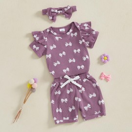 MERSARIPHY Newborn Baby Girls Summer Clothes Set Cute Bow Ribbed Knit Ruffle Sleeve Romper Shorts Headband Outfits (Purple, 3-6 Months)