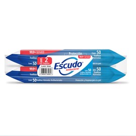 Escudo Antibacterial, Toallitas Húmedas Antibacteriales Para Manos, 100 Piezas (2 paquetes de 50 toallitas c/u)