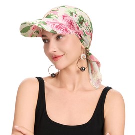ZLYC Women's Summer Chemo Headwear Brim Visor Hat Beanie Hat, Flower Green, Unit size