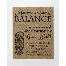 8x10 UNFRAMED Marriage is The Game Of Balance/Burlap Print Sign/Rustic Country Shabby Chic Vintage Wedding & Party Decor Sign Love Game Kitchen Sign Jenga