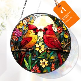 Ammzus Cardinal Stained Glass Suncatcher - Red Bird Sun Catcher, Painted Glass Panel Decor, Sun Catchers Indoor Window, Gift for Bird Lovers, Mom, Grandma, 6.31IN