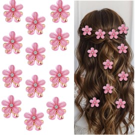 Denipry 12Pcs Mini Flower Diamond Hair Claw Clips, Sweet Crystal Rhinestone Small Hairpins Flower Hair Accessories for Women Girls Kids Daily,Party,Wedding,Photograph(Pink)