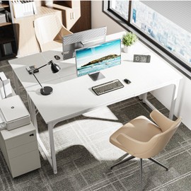 Huuger Huuger Computer Desk, 63 Inch Office Desk, Gaming Desk with Storage, Writing Desk Work Desk for Home Office, Study, Modern Simple Desk, Large Legroom, Metal Frame, White