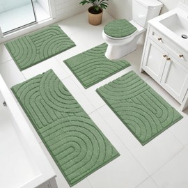Pauwer Bathroom Rugs Sets 5 Piece, Absorbent Microfiber Anti-Slip Bath Mat Set for Bathroom, Machine Washable Runner with U Shaped Contour Toilet Rugs, Shower Mats and Toilet Lid Cover, Green