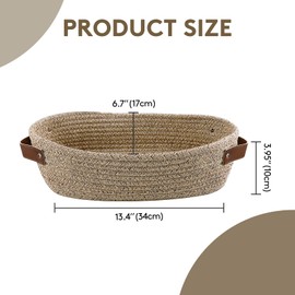 TENQUAN Pack of 2 Basket Storage, Braided Basket Made of Cotton Rope 34 x 17 x 10 cm with Leather Handle, Storage Basket for Wardrobe, Shelf, Decorative Kitchen, Bedroom, Bathroom (Light Brown)