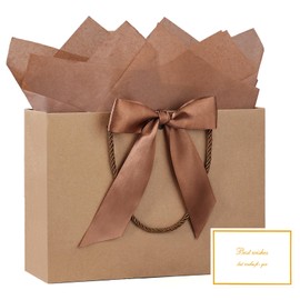 JMANNI Gift Bags, 1PCS Gift Bags Large with Ribbon and 1 Greeting Cards 2 Tissue Paper, Portable Paper Gift Bag with Handles, Birthday Gift Bags,Present Bags for Wedding Party Mothers Day. 12.6''X9.84''X4''(Brown)