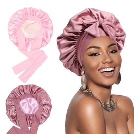 2 Pcs Gorro de Seda para Dormir, Gorro De Dormir Suave Satinado, Para El Cabello Largo Bonnet Ajustable para Mujer, Adecuado para, Bañarse, Dormir (Cuero Rojo/Rosa)