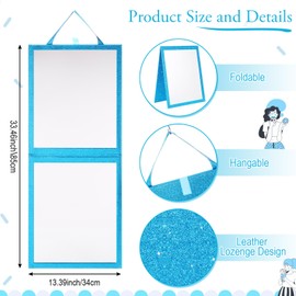 Colingmill Foldable Glitter Backstage Mirror with Handle 33. 5X 13. 5 Inch Leather Folding Hanging Mirror Rectangular for Travel Dance Bag Home Fitness Spa Gift for Dancers(Blue)